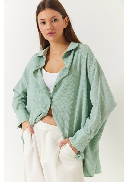 Kadın Düşük Omuz Oversize Basic Bürümcük Gömlek