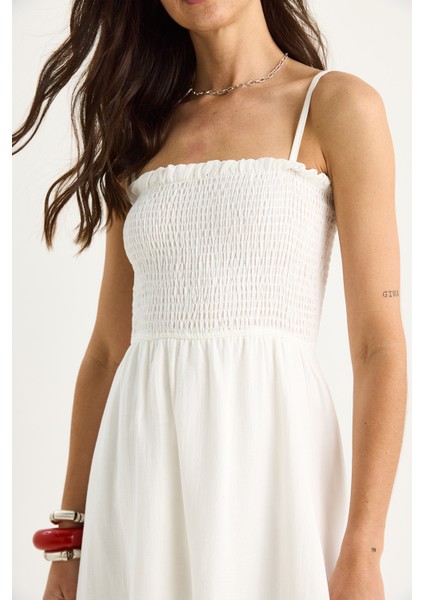 Kadın Ince Askılı Gipeli Uzun Müslin Elbise E-