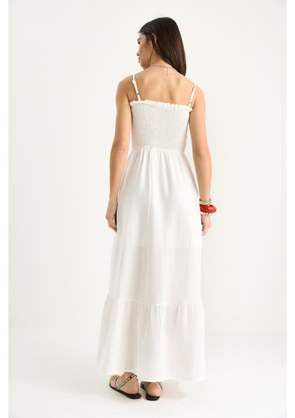 Kadın Ince Askılı Gipeli Uzun Müslin Elbise E-