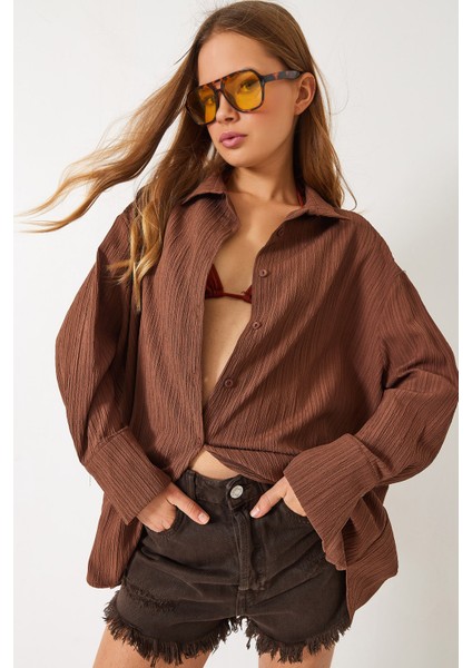 Kadın Düşük Omuz Oversize Basic Bürümcük Gömlek