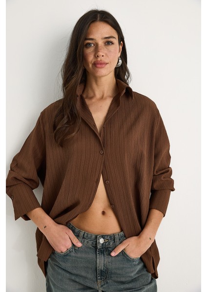Kadın Düşük Omuz Oversize Basic Bürümcük Gömlek