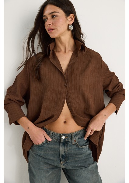 Kadın Düşük Omuz Oversize Basic Bürümcük Gömlek