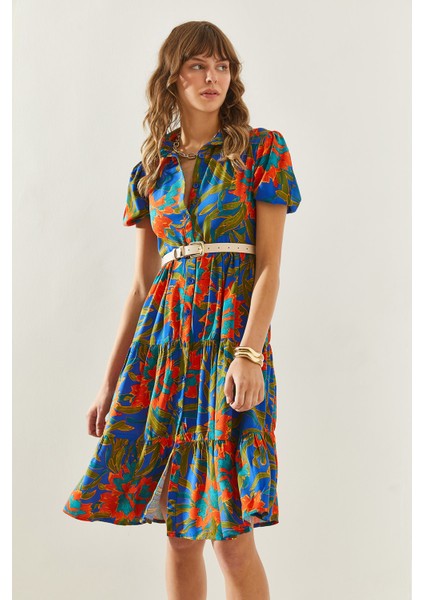 Kadın Gömlek Yaka Düğme Kapalı Katkat Fırfır Detaylı Kısa Kollu Viskon Elbise