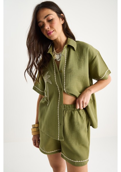 Kadın Palmiye Nakışlı Rahat Gömlek Cep Detaylı Şort Müslin Alt-Üst Takım G- fiyatları