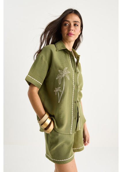 Kadın Palmiye Nakışlı Rahat Gömlek Cep Detaylı Şort Müslin Alt-Üst Takım G- modelleri