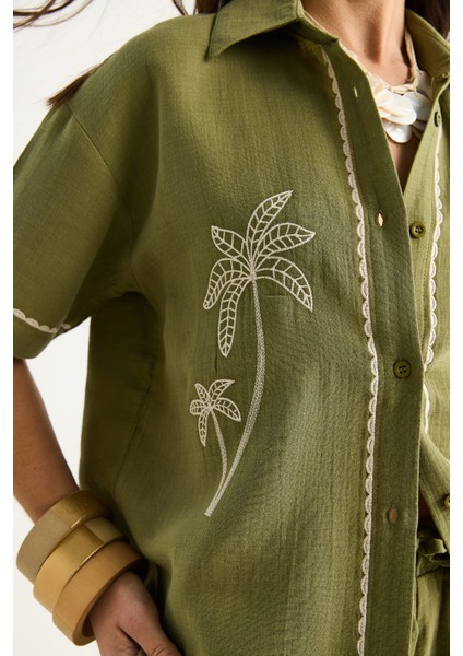 Kadın Palmiye Nakışlı Rahat Gömlek Cep Detaylı Şort Müslin Alt-Üst Takım G- fırsatları