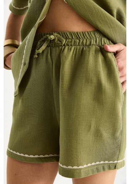 Kadın Palmiye Nakışlı Rahat Gömlek Cep Detaylı Şort Müslin Alt-Üst Takım G- indirimleri