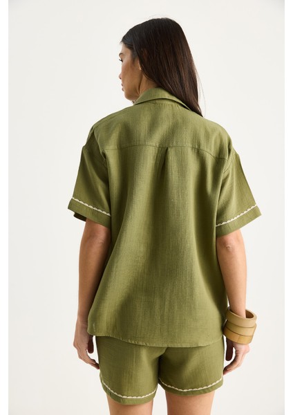 Kadın Palmiye Nakışlı Rahat Gömlek Cep Detaylı Şort Müslin Alt-Üst Takım G-