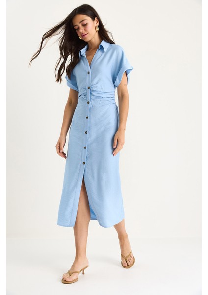 Kadın Yanları Drapeli Midi Boy V Yaka Saran Elbise - fiyatları