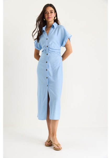 Kadın Yanları Drapeli Midi Boy V Yaka Saran Elbise - modelleri