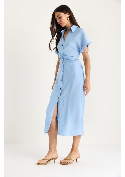 Kadın Yanları Drapeli Midi Boy V Yaka Saran Elbise - fırsatları