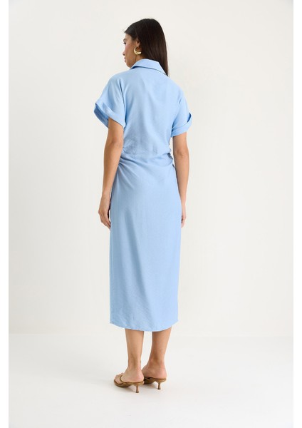 Kadın Yanları Drapeli Midi Boy V Yaka Saran Elbise - indirimleri