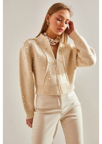 Kadın Inci Taş Işlemeli Triko Hırka