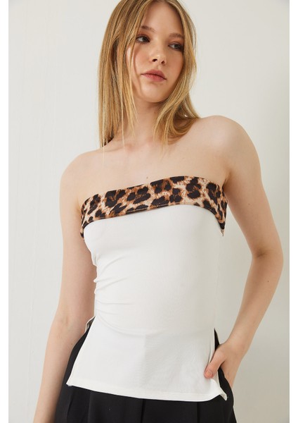 Kadın Leopar Detaylı Madonna Yaka Straplez Bluz modelleri