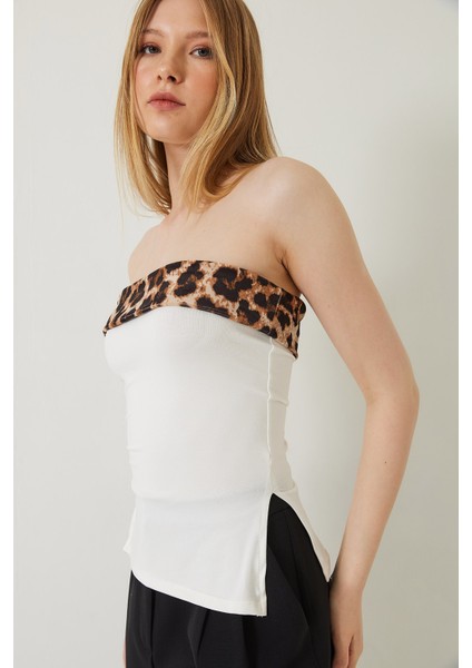 Kadın Leopar Detaylı Madonna Yaka Straplez Bluz fırsatları