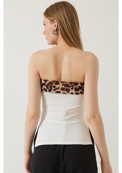 Kadın Leopar Detaylı Madonna Yaka Straplez Bluz indirimleri