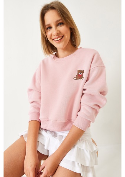 Kadın Üç Iplik Şardonlu Ayıcık Işlemeli Sweatshirt