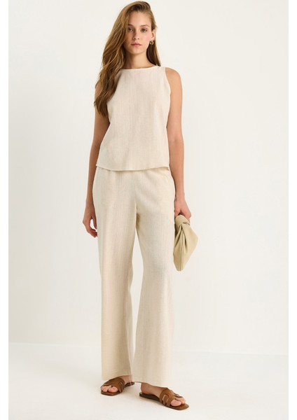 Kadın Keten Bluz Pantolon Takım