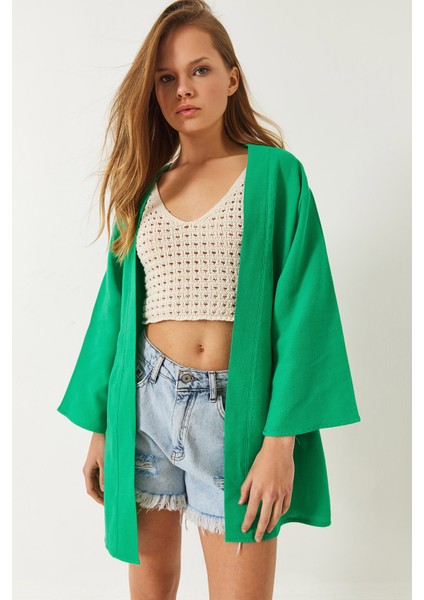 Kadın Keten Dokulu Kısa Basic Kimono