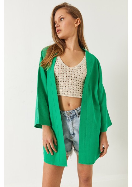 Kadın Keten Dokulu Kısa Basic Kimono fiyatları