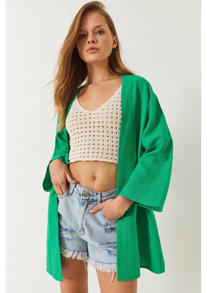 Kadın Keten Dokulu Kısa Basic Kimono modelleri