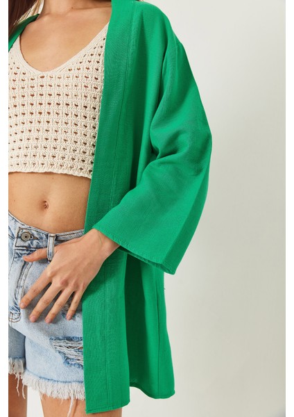 Kadın Keten Dokulu Kısa Basic Kimono fırsatları