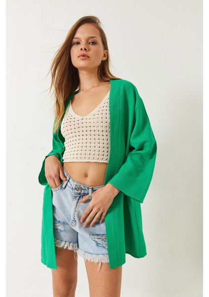 Kadın Keten Dokulu Kısa Basic Kimono indirimleri