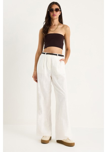 Kadın Hasır Kemerli Cep Detaylı Çımalı Keten Palazzo Pantolon