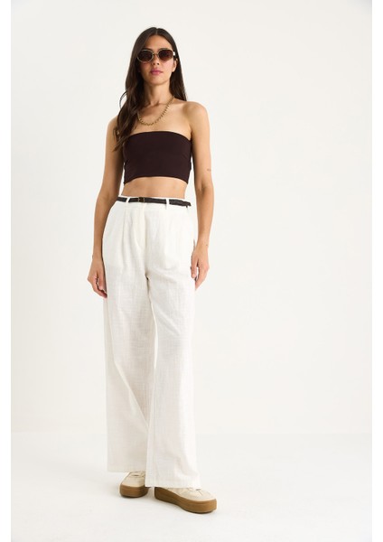 Kadın Hasır Kemerli Cep Detaylı Çımalı Keten Palazzo Pantolon modelleri