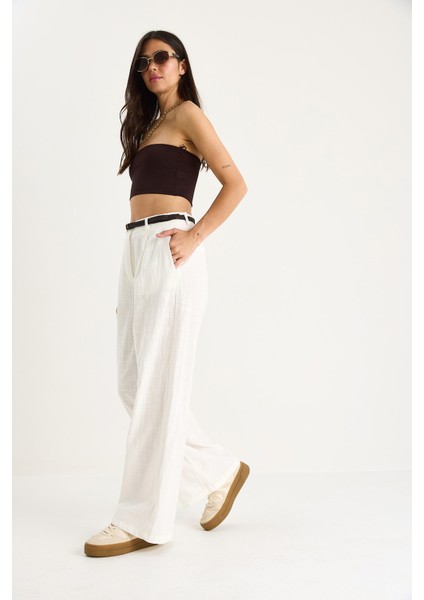 Kadın Hasır Kemerli Cep Detaylı Çımalı Keten Palazzo Pantolon fırsatları