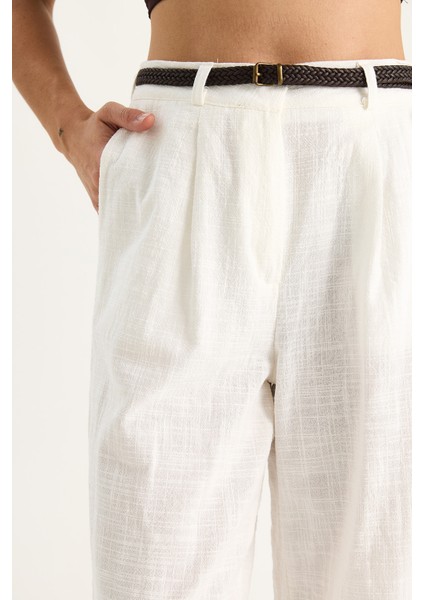 Kadın Hasır Kemerli Cep Detaylı Çımalı Keten Palazzo Pantolon