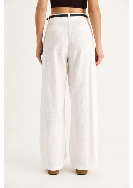 Kadın Hasır Kemerli Cep Detaylı Çımalı Keten Palazzo Pantolon