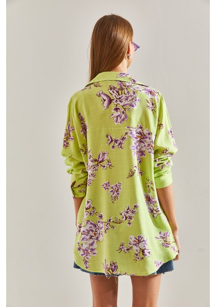 Kadın Çiçek Desenli Salaş Keten Gömlek