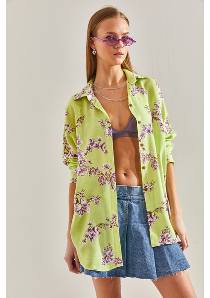 Kadın Çiçek Desenli Salaş Keten Gömlek modelleri