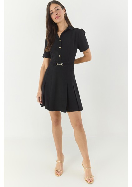 Kadın Gömlek Yaka Düğme ve Kemer Detaylı Piliseli Elbise