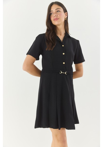 Kadın Gömlek Yaka Düğme ve Kemer Detaylı Piliseli Elbise fiyatları