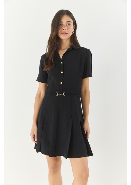 Kadın Gömlek Yaka Düğme ve Kemer Detaylı Piliseli Elbise modelleri