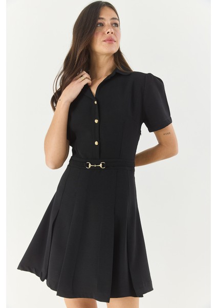 Kadın Gömlek Yaka Düğme ve Kemer Detaylı Piliseli Elbise fırsatları