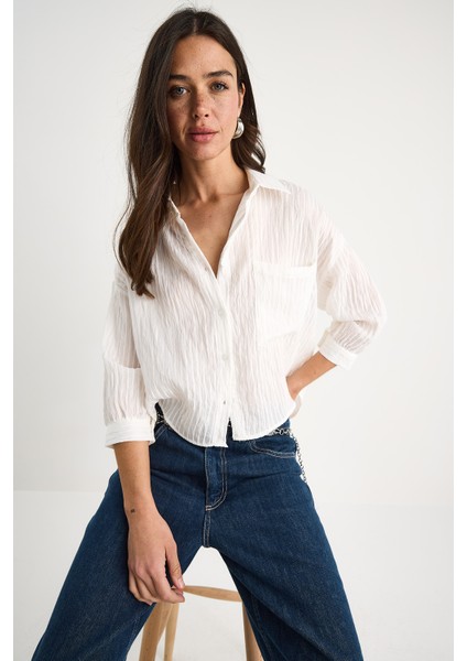 Kadın Kendinden Çizgili Yarım Kollu Tek Cep Detaylı Gömlek fiyatları