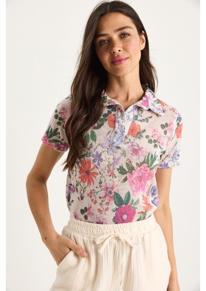 Kadın Polo Yaka Desenli Dijital Baskılı Regular Yazlık Örme Bluz