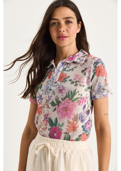 Kadın Polo Yaka Desenli Dijital Baskılı Regular Yazlık Örme Bluz fiyatları