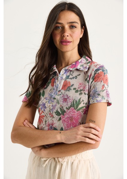 Kadın Polo Yaka Desenli Dijital Baskılı Regular Yazlık Örme Bluz modelleri