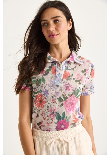 Kadın Polo Yaka Desenli Dijital Baskılı Regular Yazlık Örme Bluz fırsatları