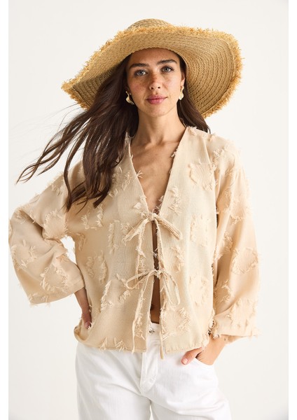 Kadın Önü Bağlamalı Kendinden Nakışlı Püsküllü Salaş Kimono - fiyatları