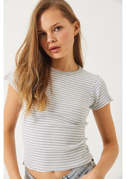 Kadın Çizgili Fitilli Kaşkorse Basic T-Shirt
