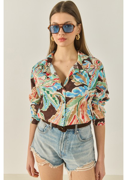 Kadın V Yaka Uzun Kollu Desenli Poplin Gömlek