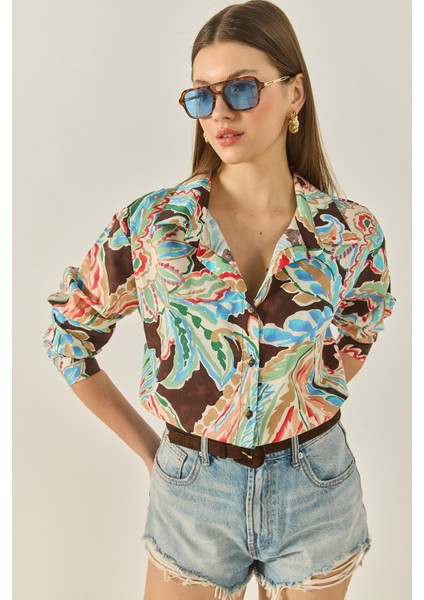 Kadın V Yaka Uzun Kollu Desenli Poplin Gömlek fiyatları