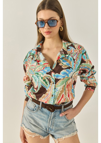 Kadın V Yaka Uzun Kollu Desenli Poplin Gömlek modelleri