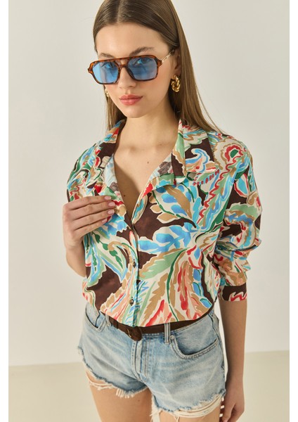 Kadın V Yaka Uzun Kollu Desenli Poplin Gömlek fırsatları