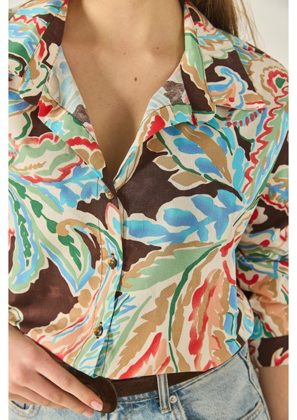 Kadın V Yaka Uzun Kollu Desenli Poplin Gömlek